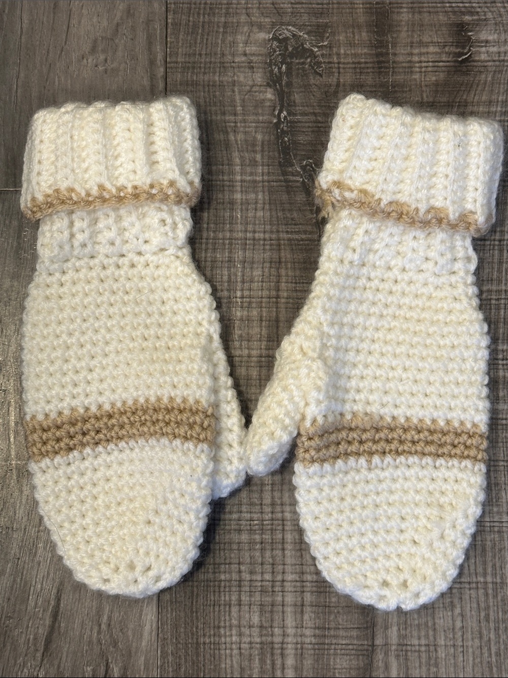Handmade Knit Cream & Tan Mittens
